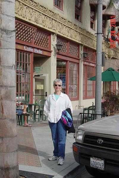 Kathleen in front of Bella Maggiore hotel in Ventura.JPG